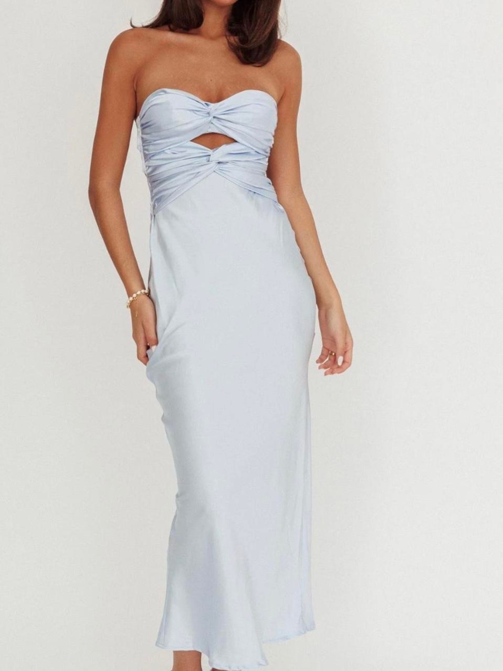 Selfie Leslie Strapless Twist-Detail Midi Dress in Light Blue